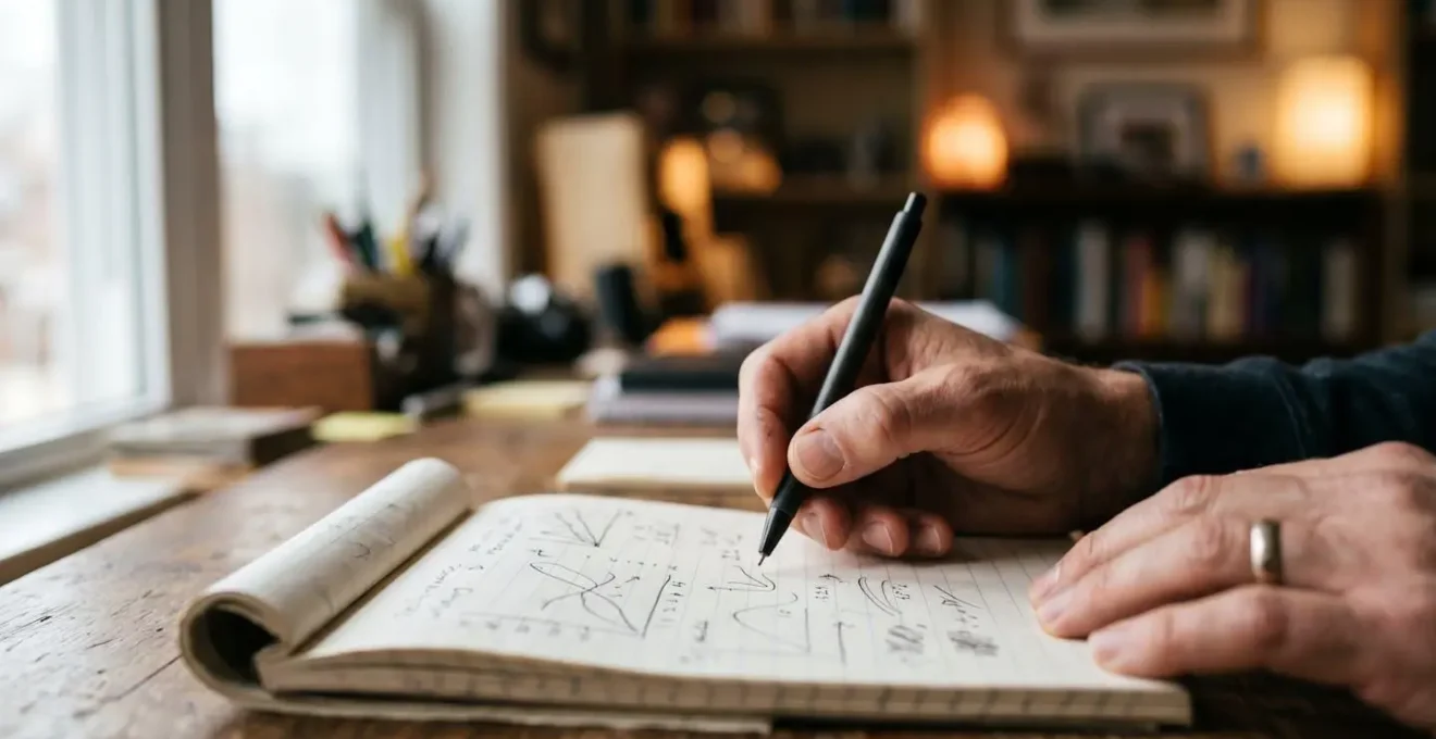 Mains tenant stylo au-dessus de carnet de notes avec graphiques de performance tennis en arrière-plan flou