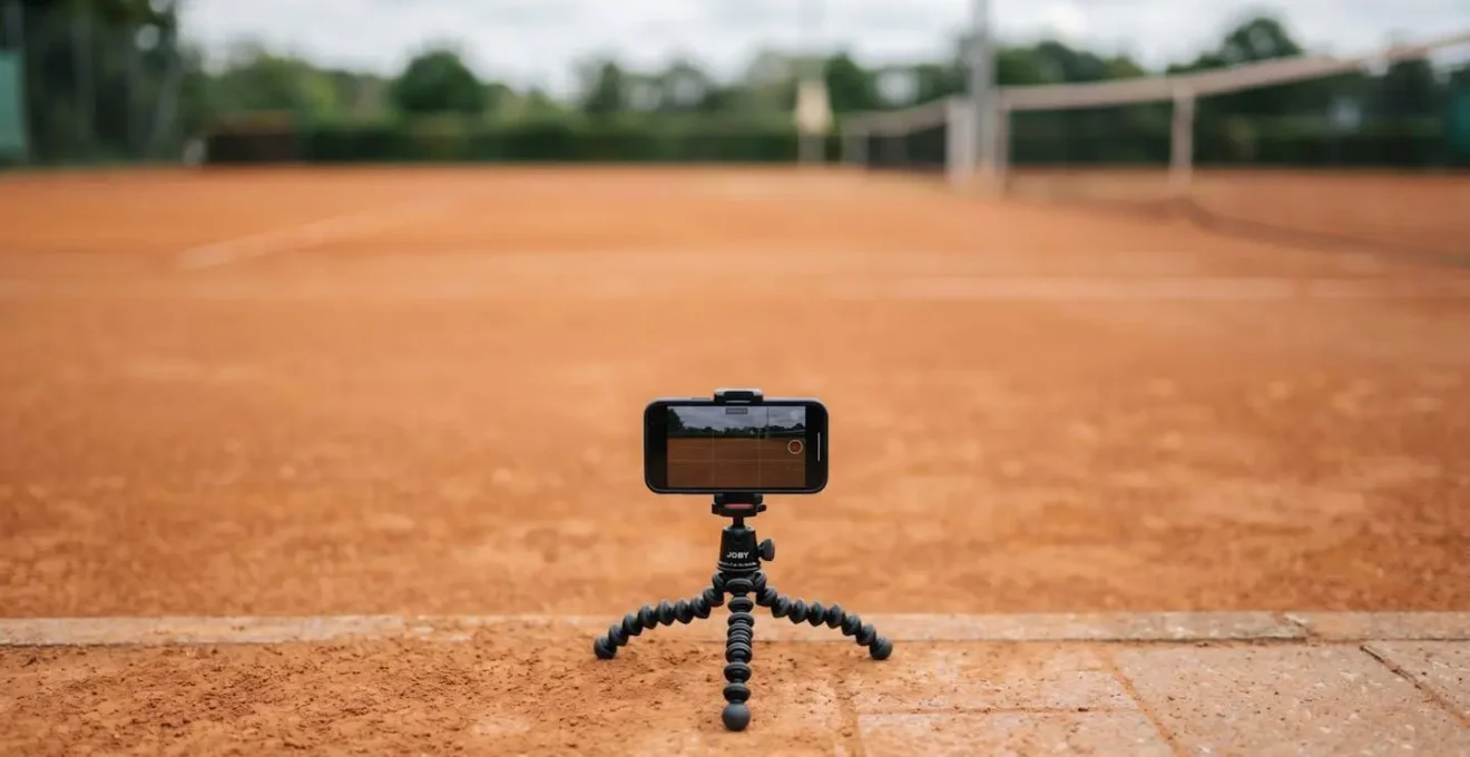 Smartphone positionné sur trépied au bord d'un court de tennis pour filmer une séance d'entraînement