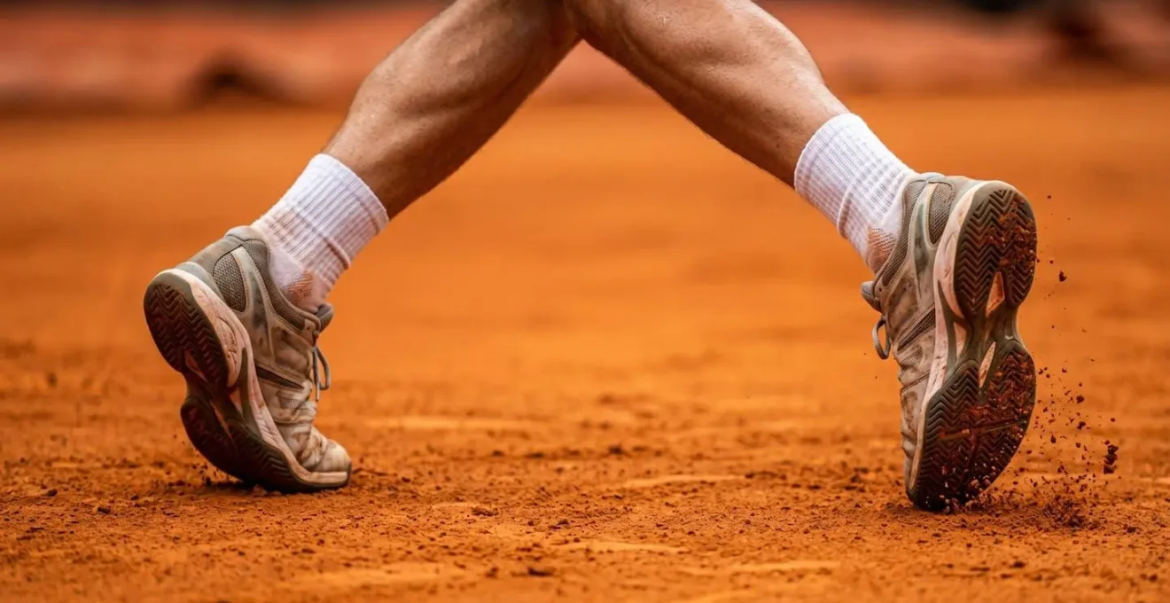 Detail macro des appuis et du positionnement des pieds d'un joueur de tennis sur terre battue
