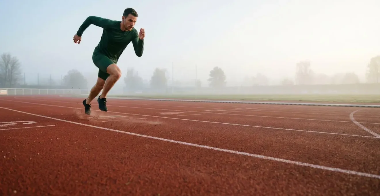 Athlete effectuant un entrainement fractionne sur piste d'athletisme avec intensite maximale