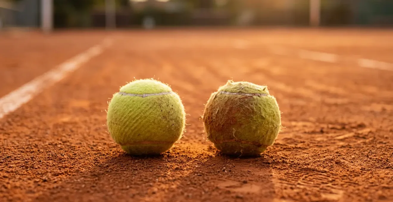 Balles de tennis pressurisées et non pressurisées sur court de terre battue français illustrant l'impact du choix des balles sur la progression technique