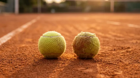 Balles de tennis pressurisées et non pressurisées sur court de terre battue français illustrant l'impact du choix des balles sur la progression technique