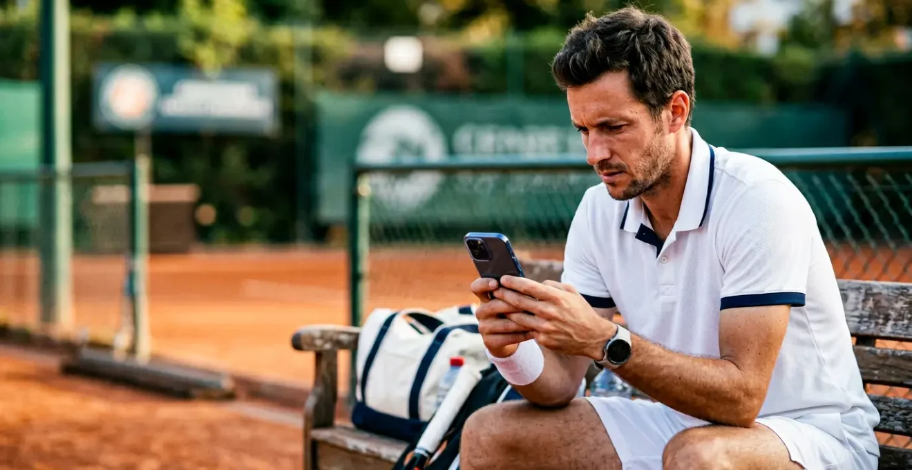 Joueur de tennis consultant son classement et ses points sur un écran de smartphone dans un club français