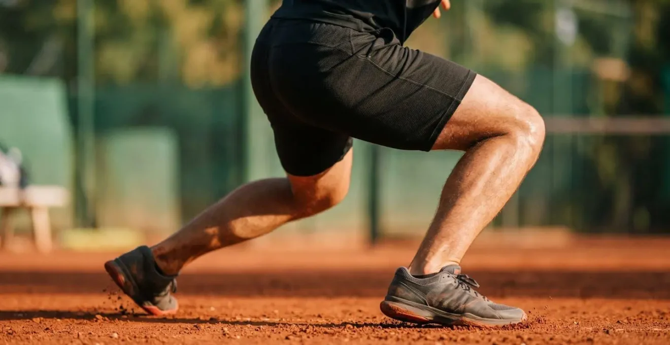Vue rapprochée sur les jambes et les hanches d'un joueur amateur en pleine rotation lors d'un service de tennis