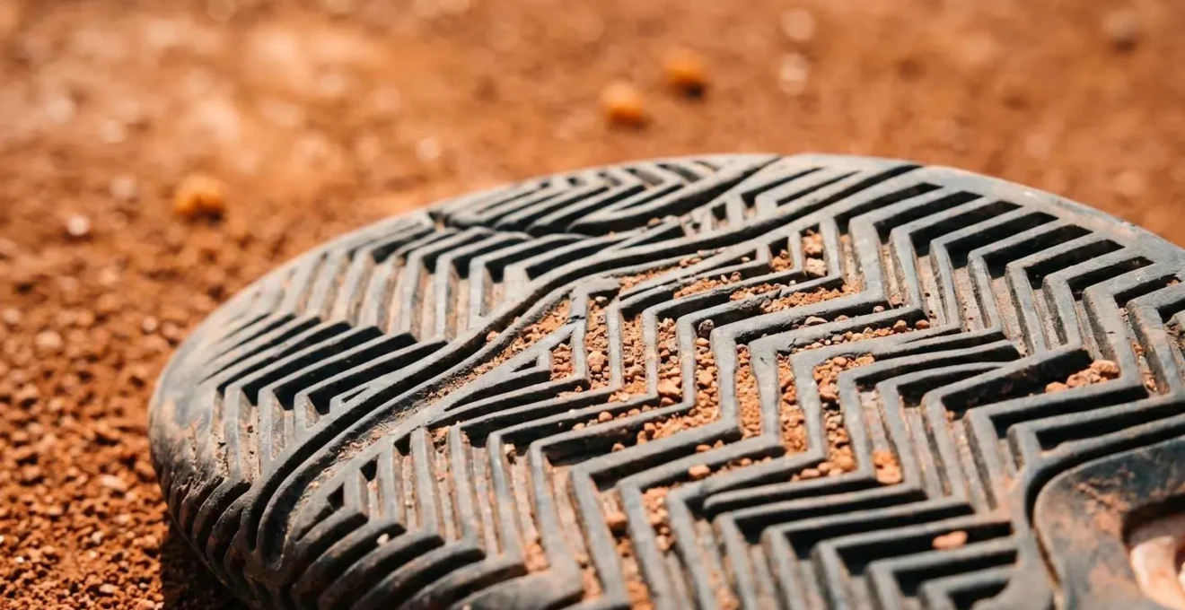 Gros plan sur semelle de chaussure de tennis adaptée terre battue avec motif chevrons
