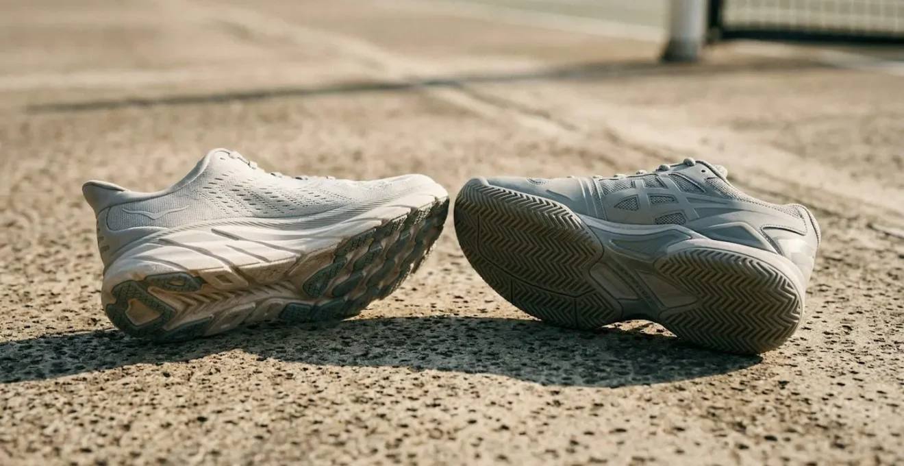 Comparaison visuelle entre une chaussure de running et une chaussure de tennis sur un court