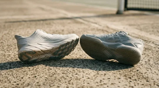 Comparaison visuelle entre une chaussure de running et une chaussure de tennis sur un court