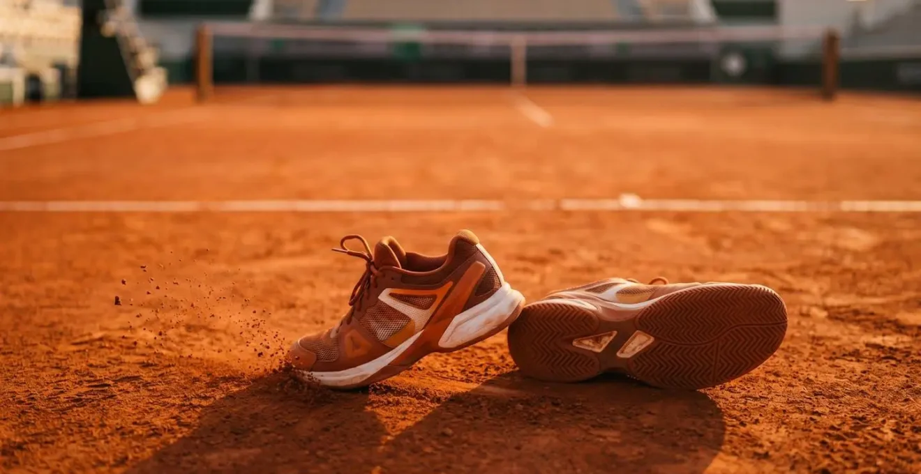 Chaussures de tennis spécialisées sur terre battue montrant les renforts latéraux et la semelle adaptée aux glissades contrôlées