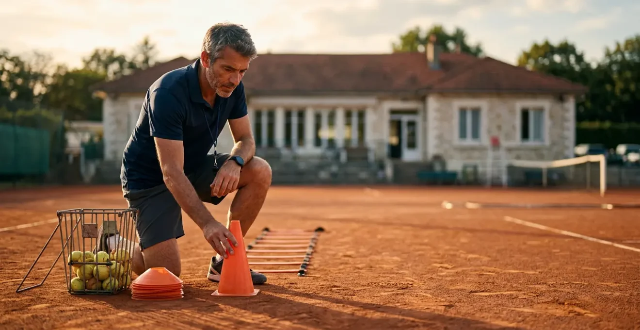 Coach de tennis professionnel sur court préparant une séance d'entraînement avec matériel pédagogique en France