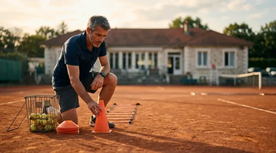 Coach de tennis professionnel sur court préparant une séance d'entraînement avec matériel pédagogique en France