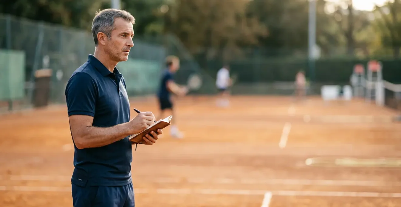Entraîneur de tennis observant attentivement un joueur pendant une séance d'entraînement