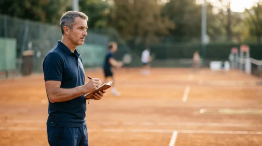 Entraîneur de tennis observant attentivement un joueur pendant une séance d'entraînement