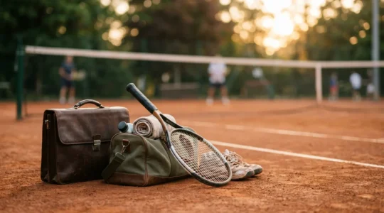 Joueur de tennis amateur sur court en terre battue avec sac de sport et mallette professionnelle symbolisant l'équilibre vie pro-sport-famille