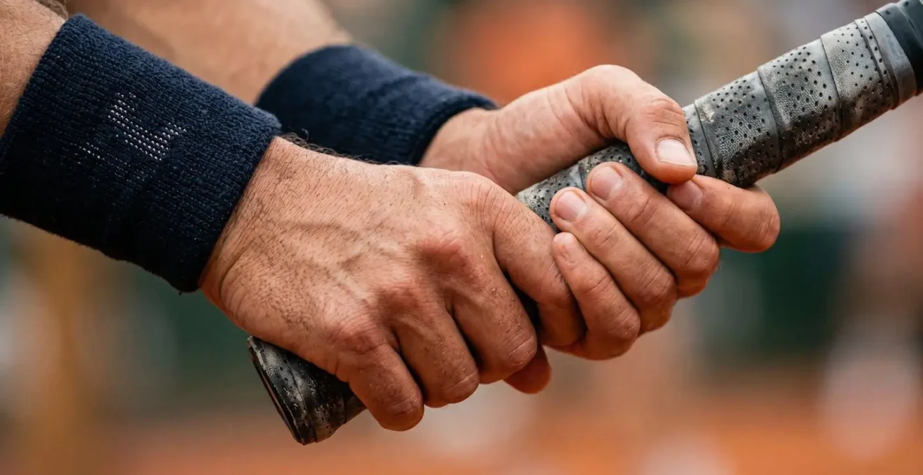 Gros plan sur les mains d'un joueur de tennis tenant fermement une raquette montrant le contrôle émotionnel