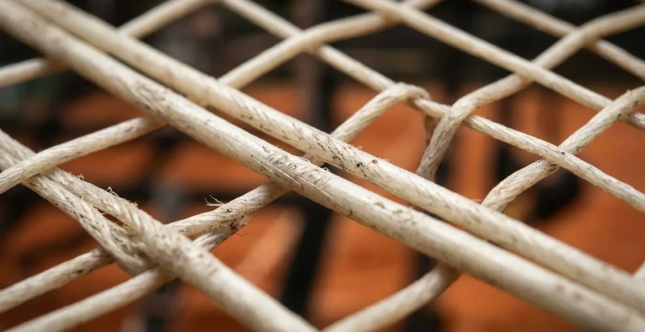 Gros plan sur le cordage d'une raquette de tennis montrant la texture et la tension des cordes
