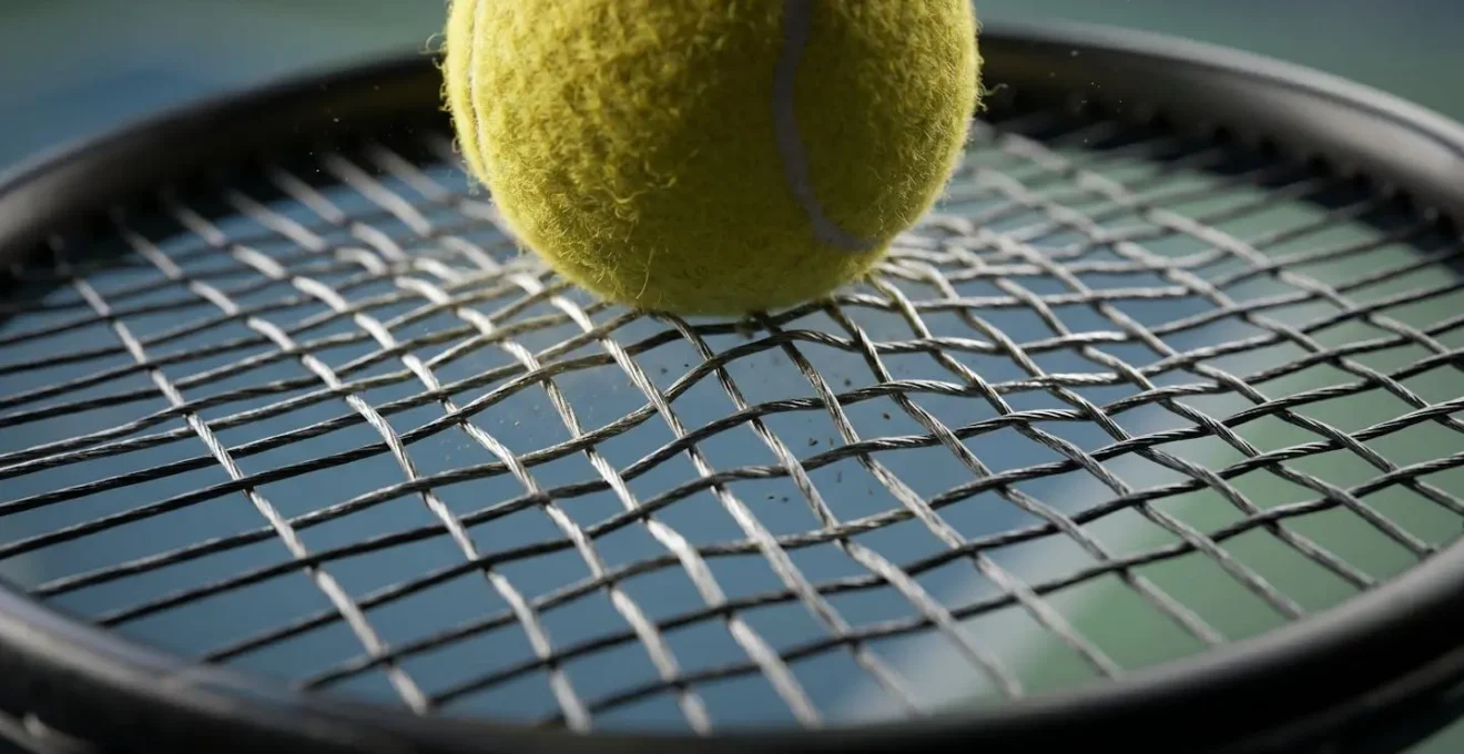 Gros plan macro sur les cordes d'une raquette de tennis au moment de l'impact avec une balle