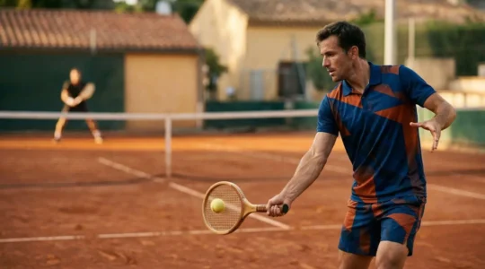Joueur de tennis en pleine action lors d'un point décisif sous pression
