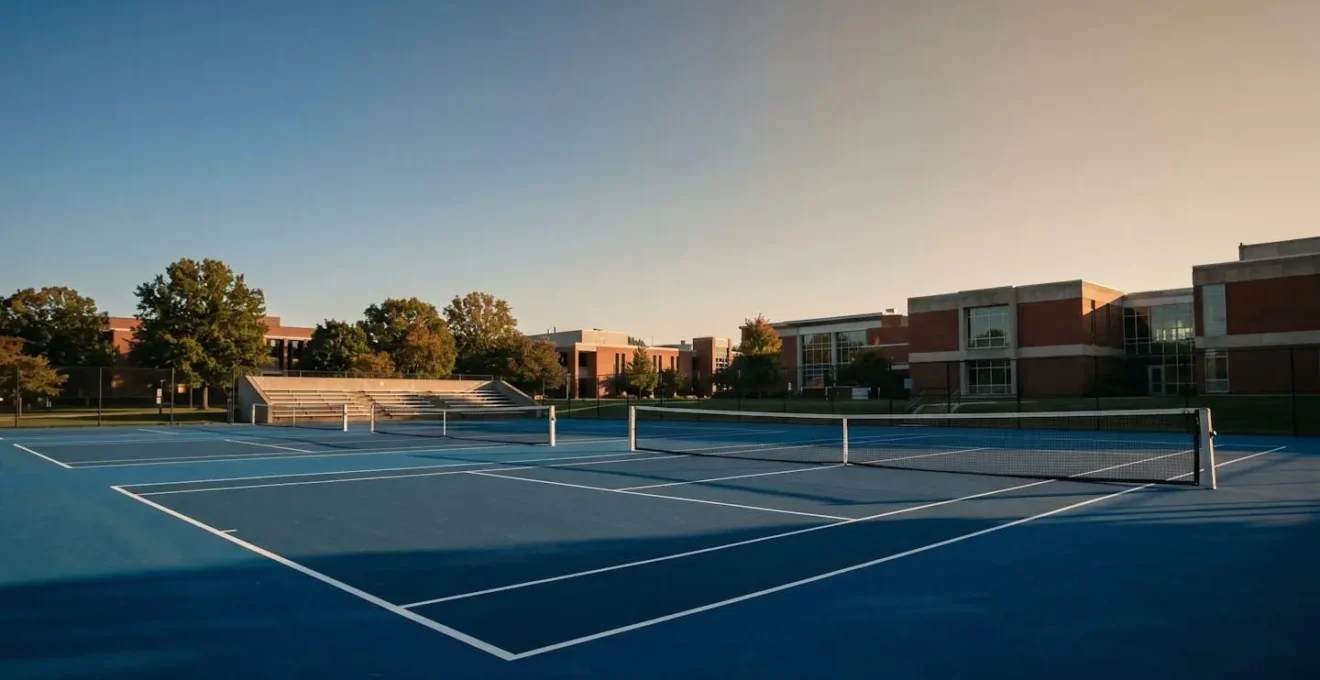 Court de tennis extérieur dans une ambiance universitaire américaine avec perspective large.
