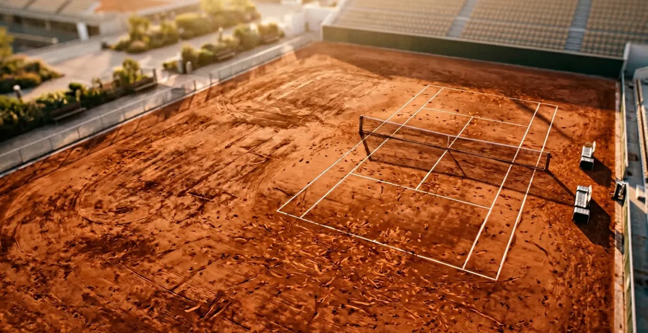 Vue aérienne d'un court de tennis en terre battue avec ses lignes géométriques et l'empreinte des trajectoires de balle