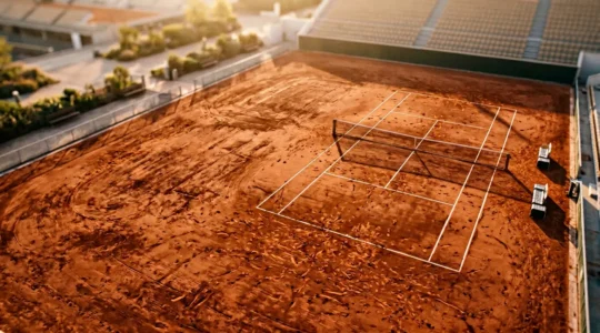 Vue aérienne d'un court de tennis en terre battue avec ses lignes géométriques et l'empreinte des trajectoires de balle