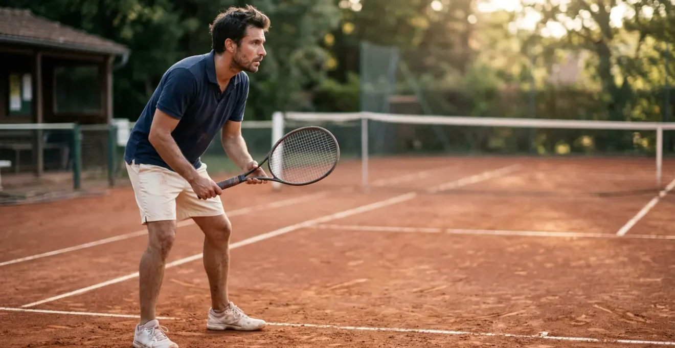Joueur de tennis amateur en position de reflexion strategique sur un court de terre battue français