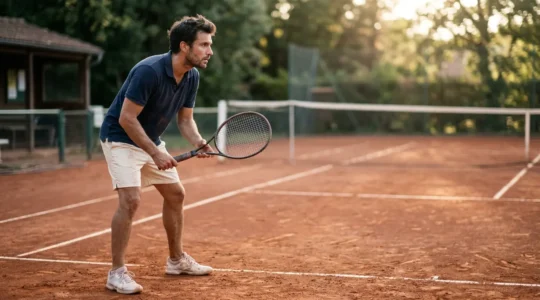Joueur de tennis amateur en position de reflexion strategique sur un court de terre battue français