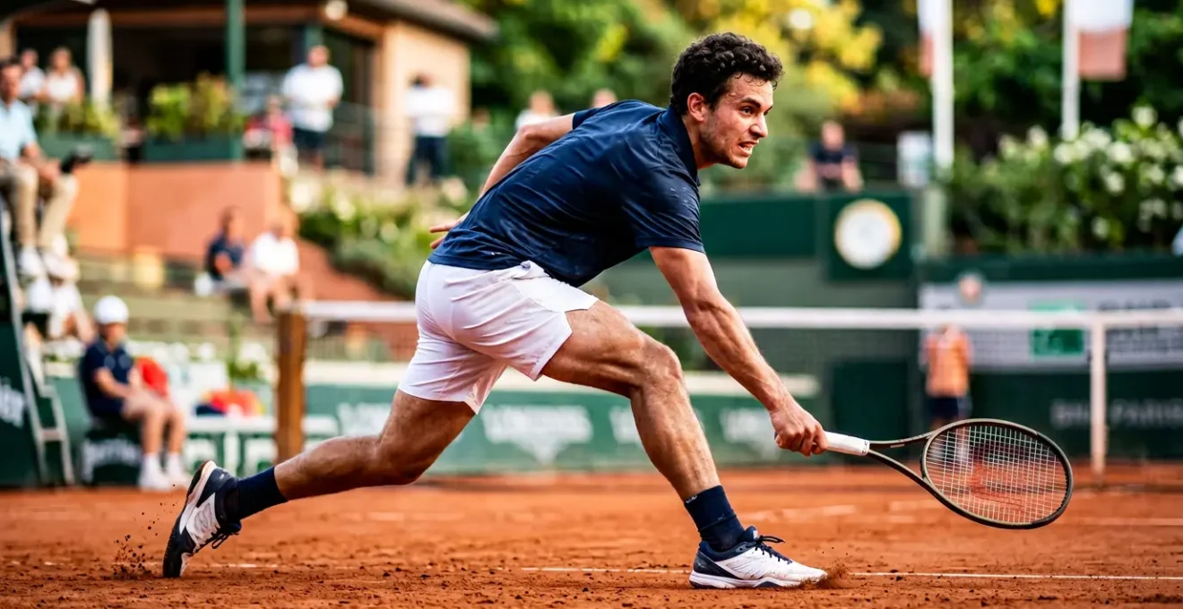 Joueur de tennis français en pleine accélération explosive vers une amortie sur court terre battue