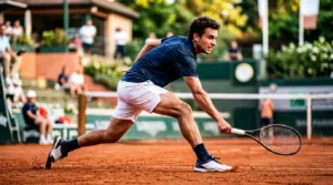 Joueur de tennis français en pleine accélération explosive vers une amortie sur court terre battue