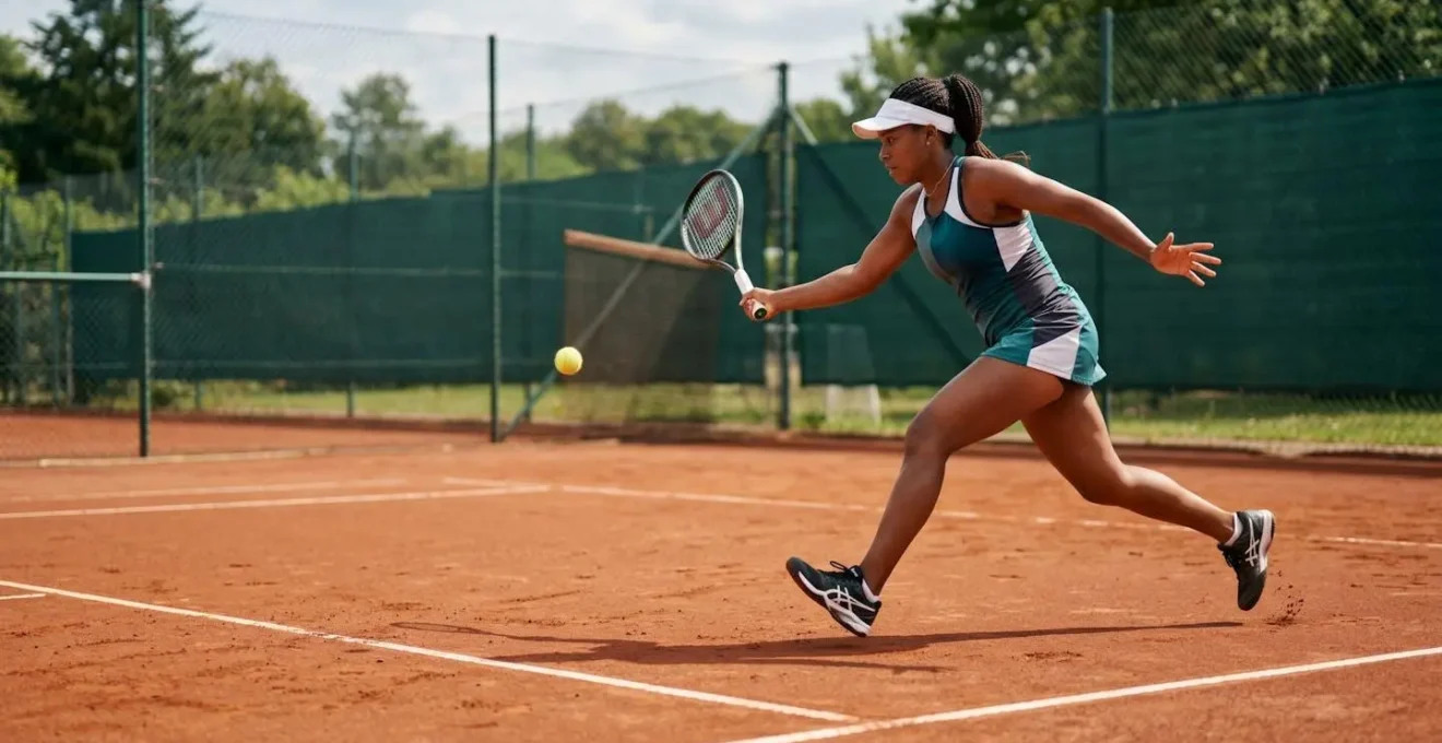 Joueur de tennis avançant avec pas chassés pour intercepter une balle en phase montante
