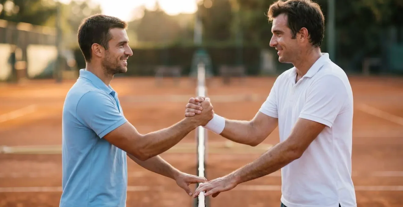 Deux joueurs de tennis se serrant la main au-dessus du filet après un match, expression respectueuse, lumière naturelle