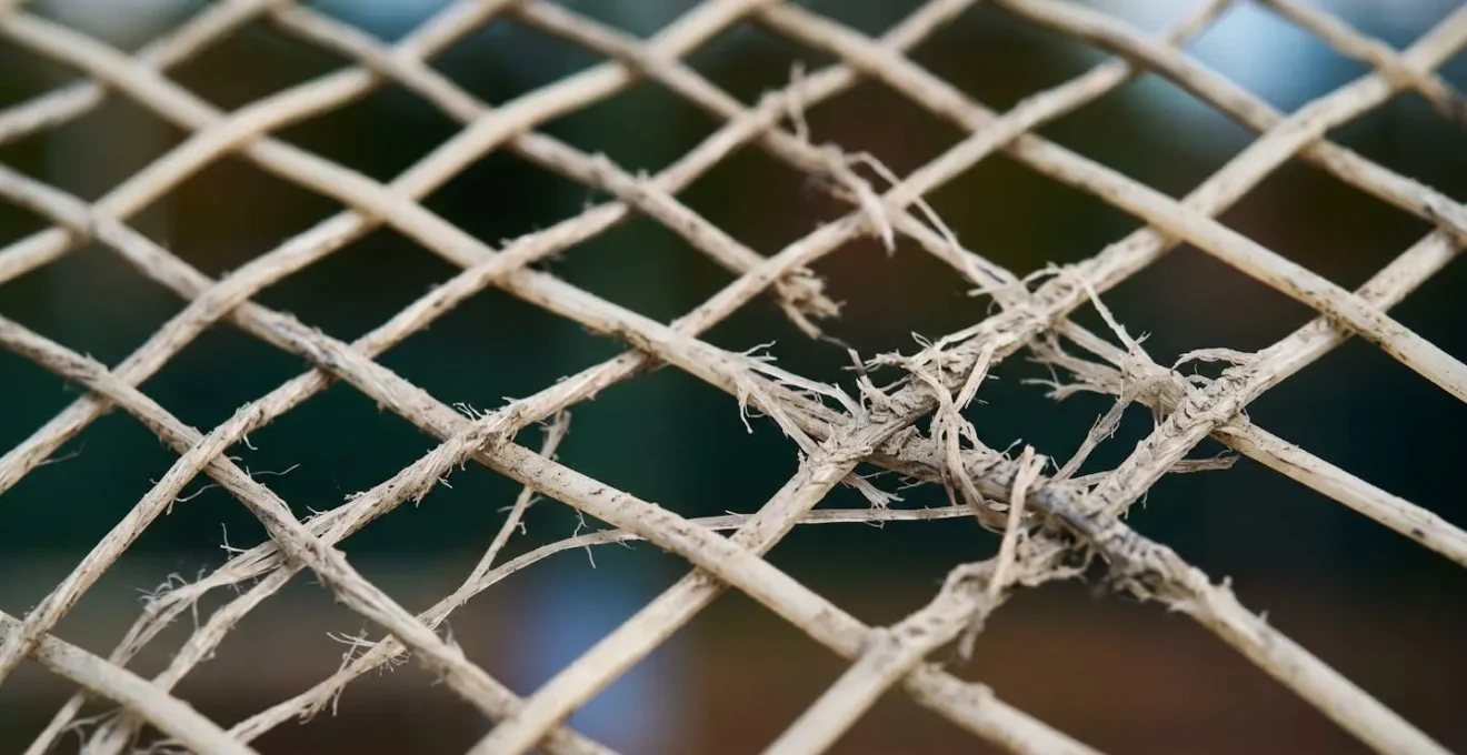 Détail macro d'une raquette de tennis montrant la texture des cordes après un entraînement intensif