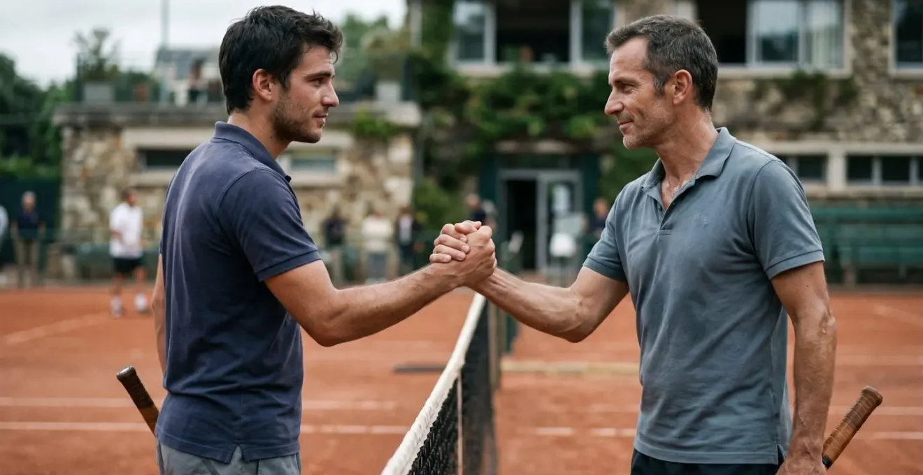 Deux joueurs de tennis amateurs se serrant la main au filet avec des expressions complexes mêlant respect et compétitivité