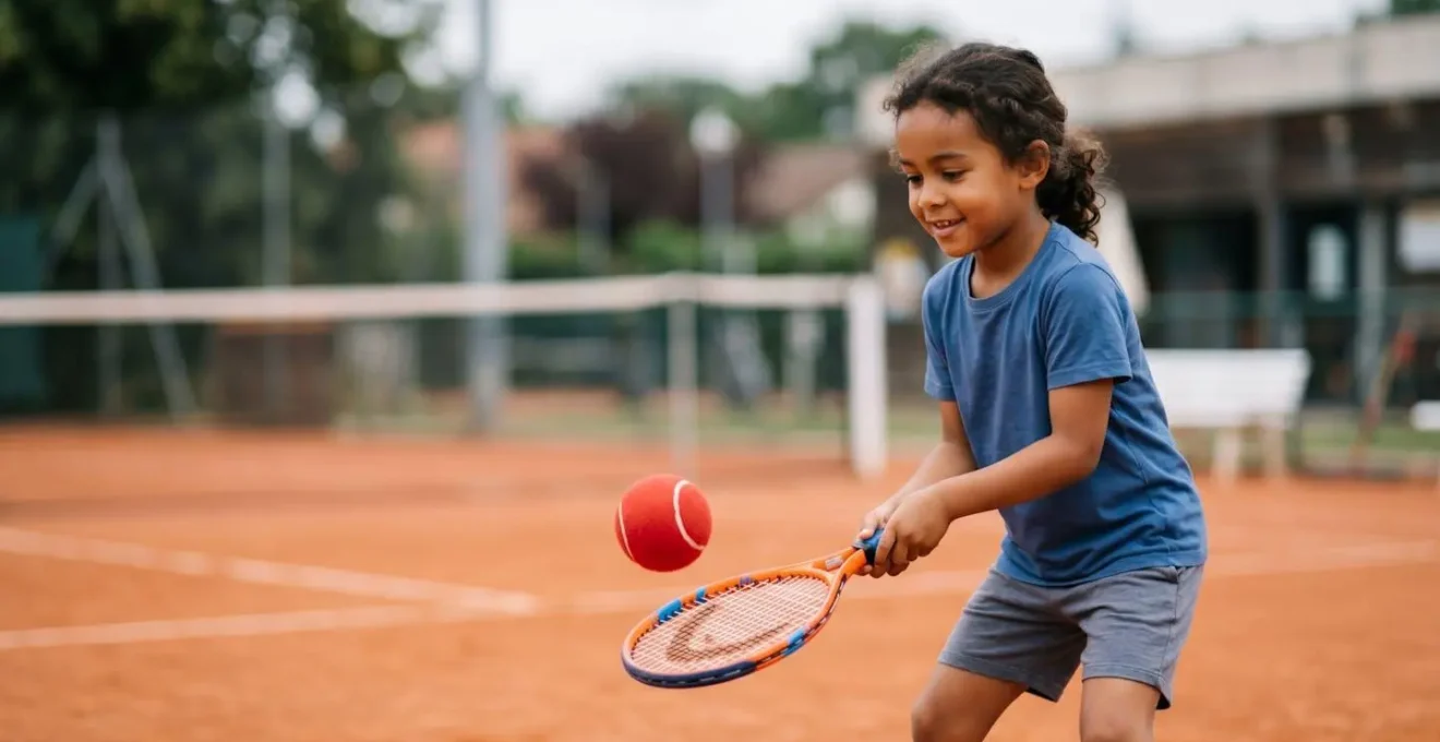 Jeune enfant sur terrain Galaxie Tennis avec balle rouge adaptée favorisant l'apprentissage technique progressif