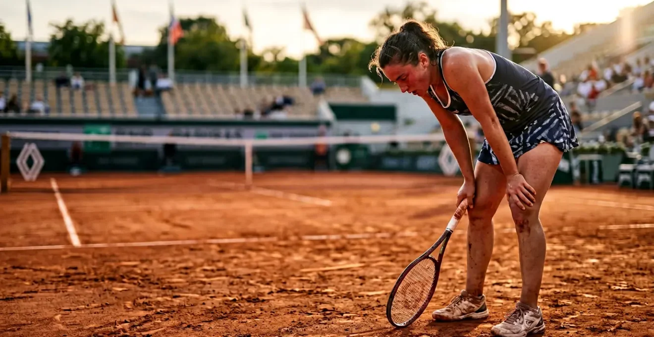 Joueur de tennis épuisé sur court terre battue après échange intense