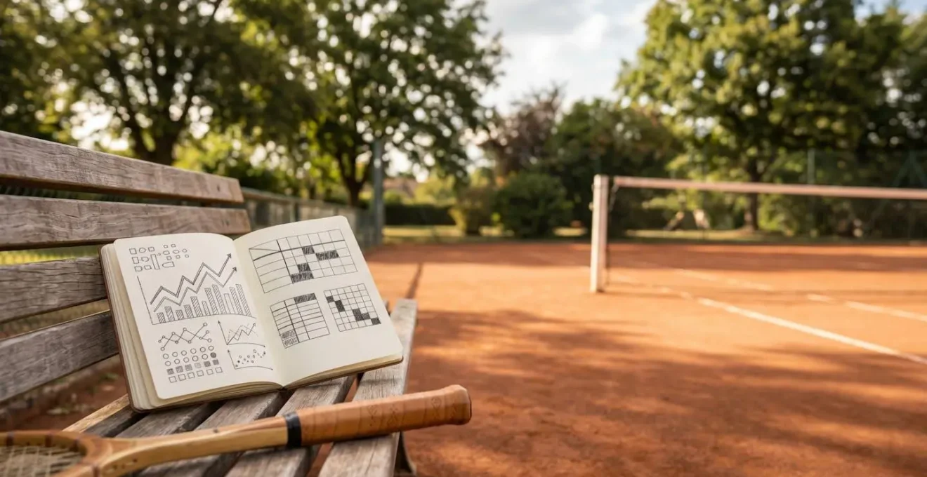 Carnet de statistiques de tennis avec indicateurs de performance et graphiques d'évolution sur plusieurs mois