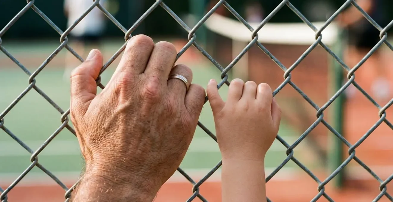 Parents observant avec attention leur enfant jouer au tennis depuis le bord du court