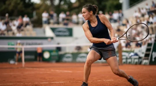 Joueur de tennis sur terre battue en position tactique concentrée pendant un échange décisif