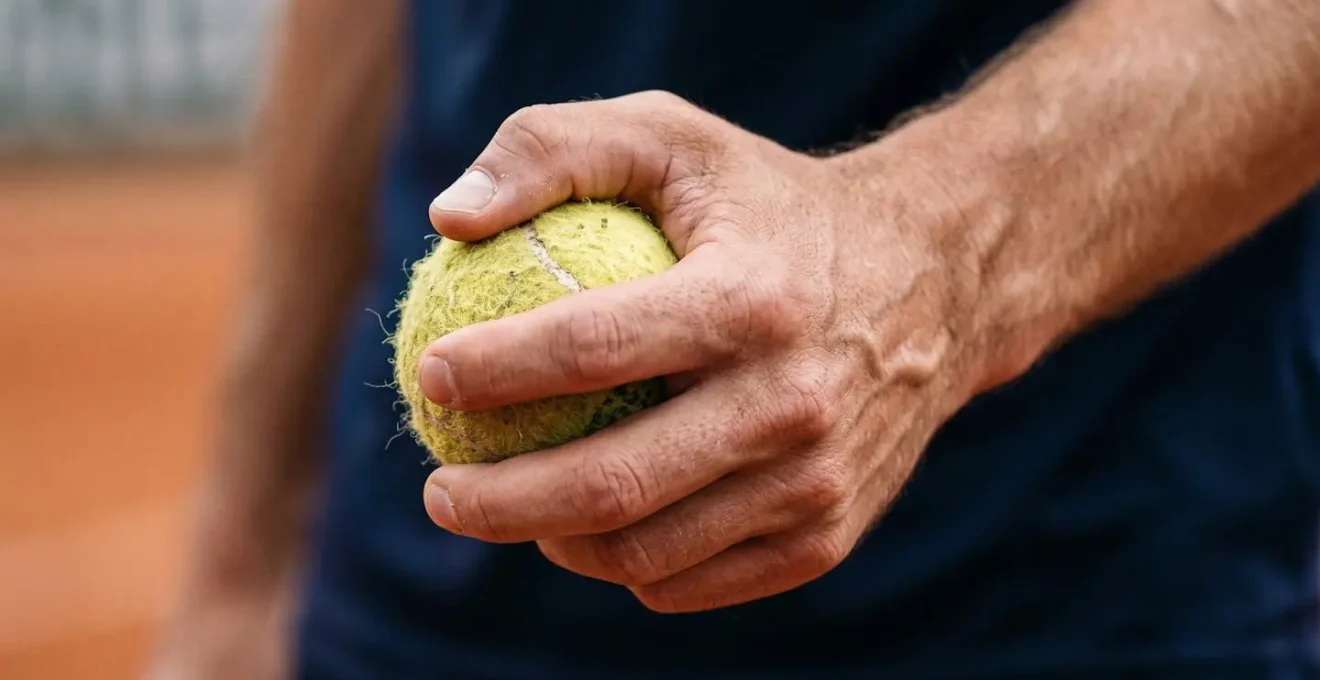 Gros plan sur les mains d'un joueur de tennis serrant une balle, symbolisant le contrôle émotionnel