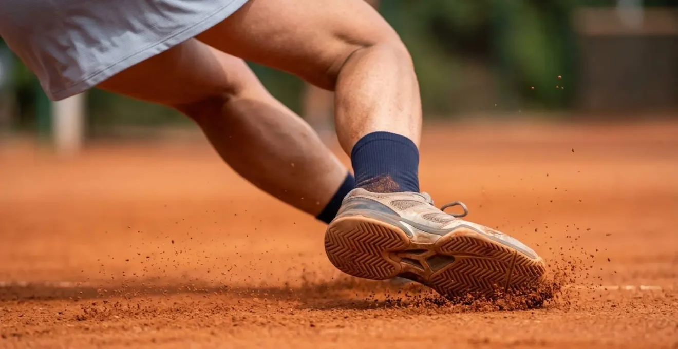 Gros plan sur les chevilles et chaussures d'un joueur de tennis effectuant une glissade sur terre battue rouge