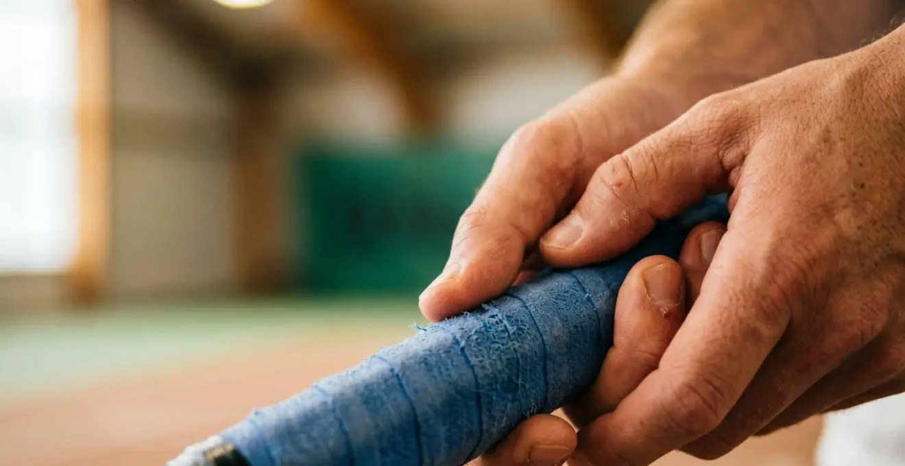 Gros plan sur les mains d'un joueur de tennis ajustant sa prise de raquette, texture du grip visible, lumière naturelle