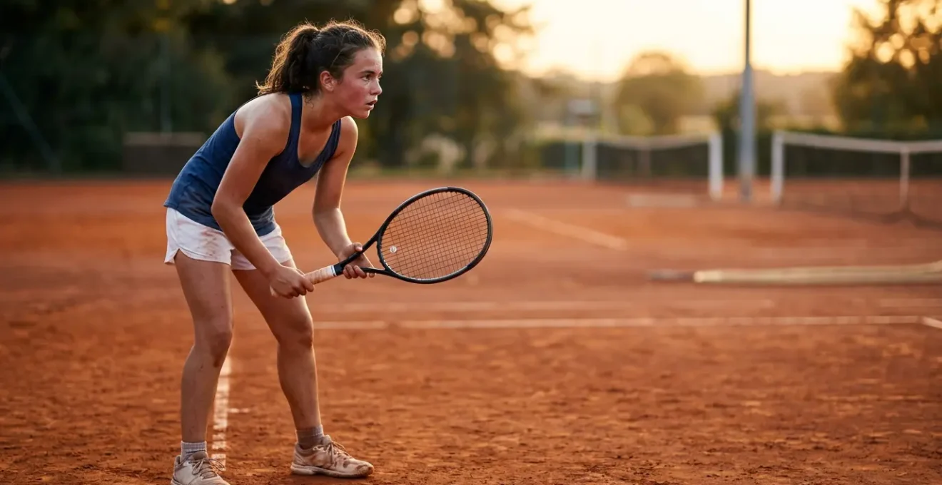 Jeune joueur de tennis français concentré pendant un entraînement intensif sur court extérieur