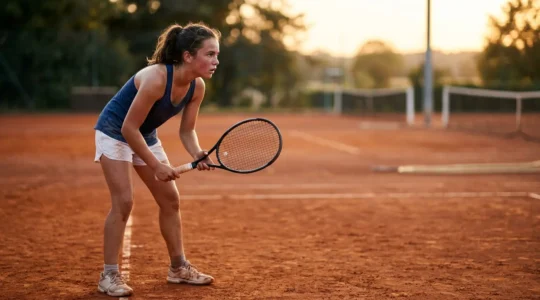 Jeune joueur de tennis français concentré pendant un entraînement intensif sur court extérieur