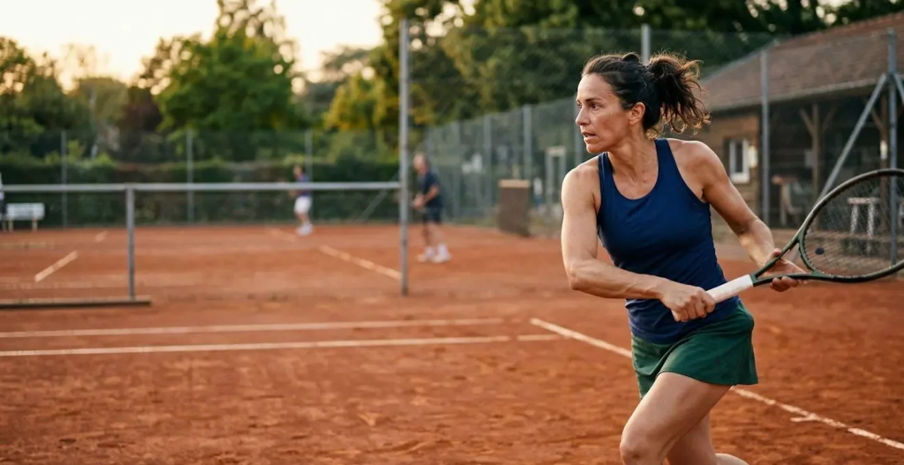 Joueur de tennis amateur sur terre battue en phase d'échauffement pour prévenir les blessures