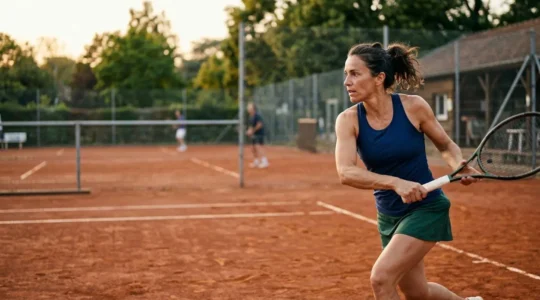 Joueur de tennis amateur sur terre battue en phase d'échauffement pour prévenir les blessures