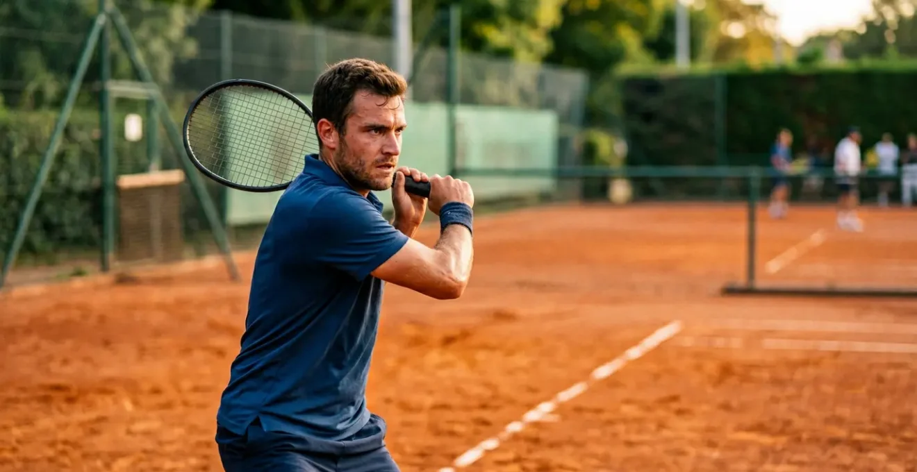 Joueur de tennis amateur sur terre battue en pleine concentration tactique lors d'un échange