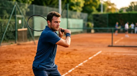 Joueur de tennis amateur sur terre battue en pleine concentration tactique lors d'un échange