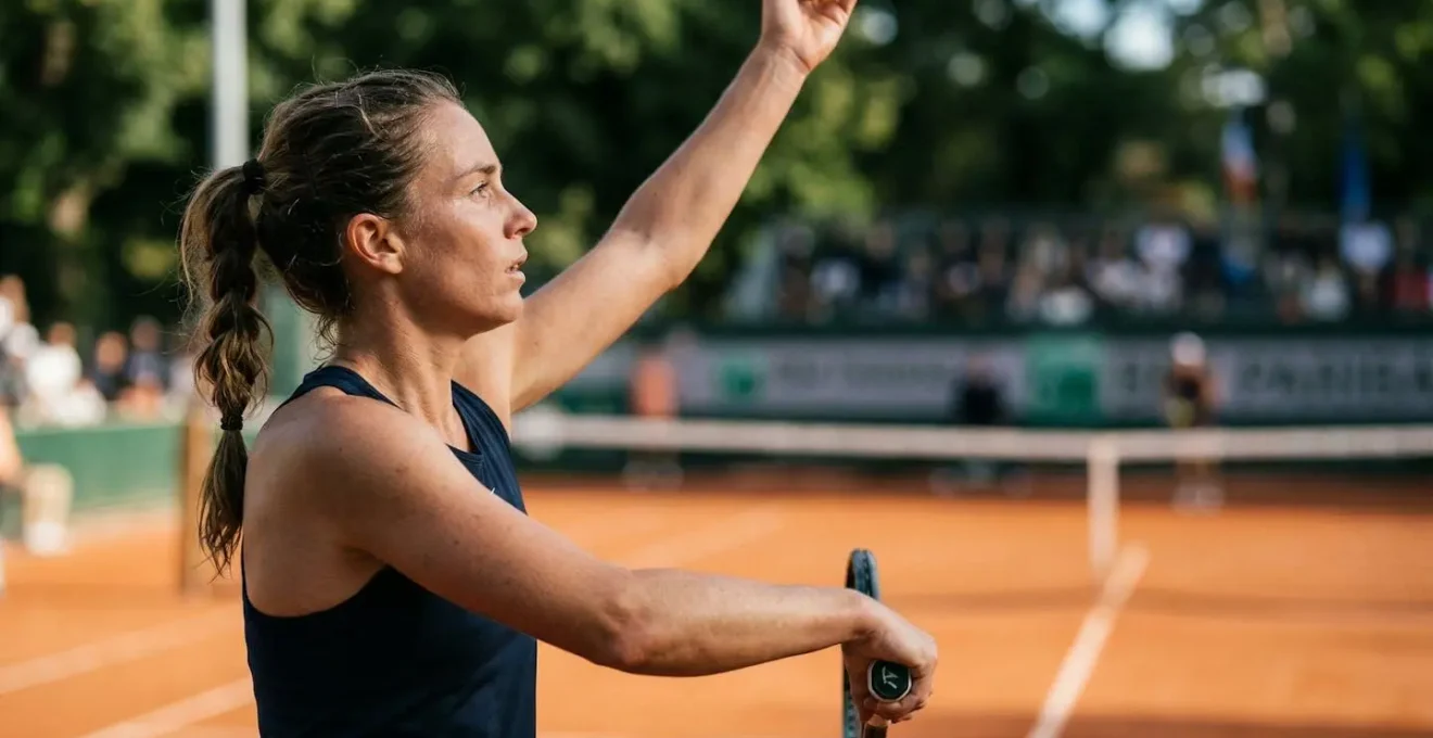 Joueur de tennis concentré avant de servir une balle de match sur court en terre battue