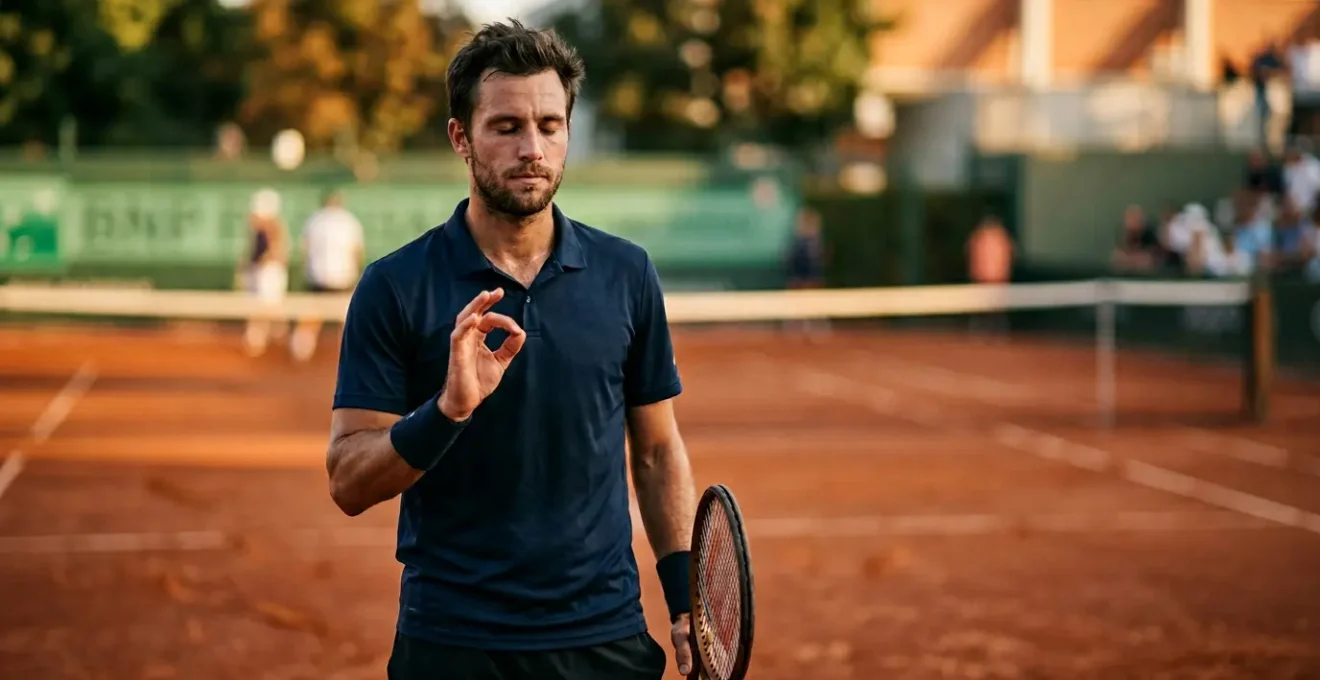 Joueur de tennis se recentrant mentalement entre deux points sur un court en terre battue