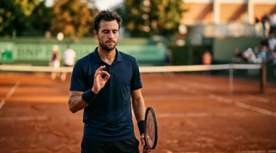 Joueur de tennis se recentrant mentalement entre deux points sur un court en terre battue