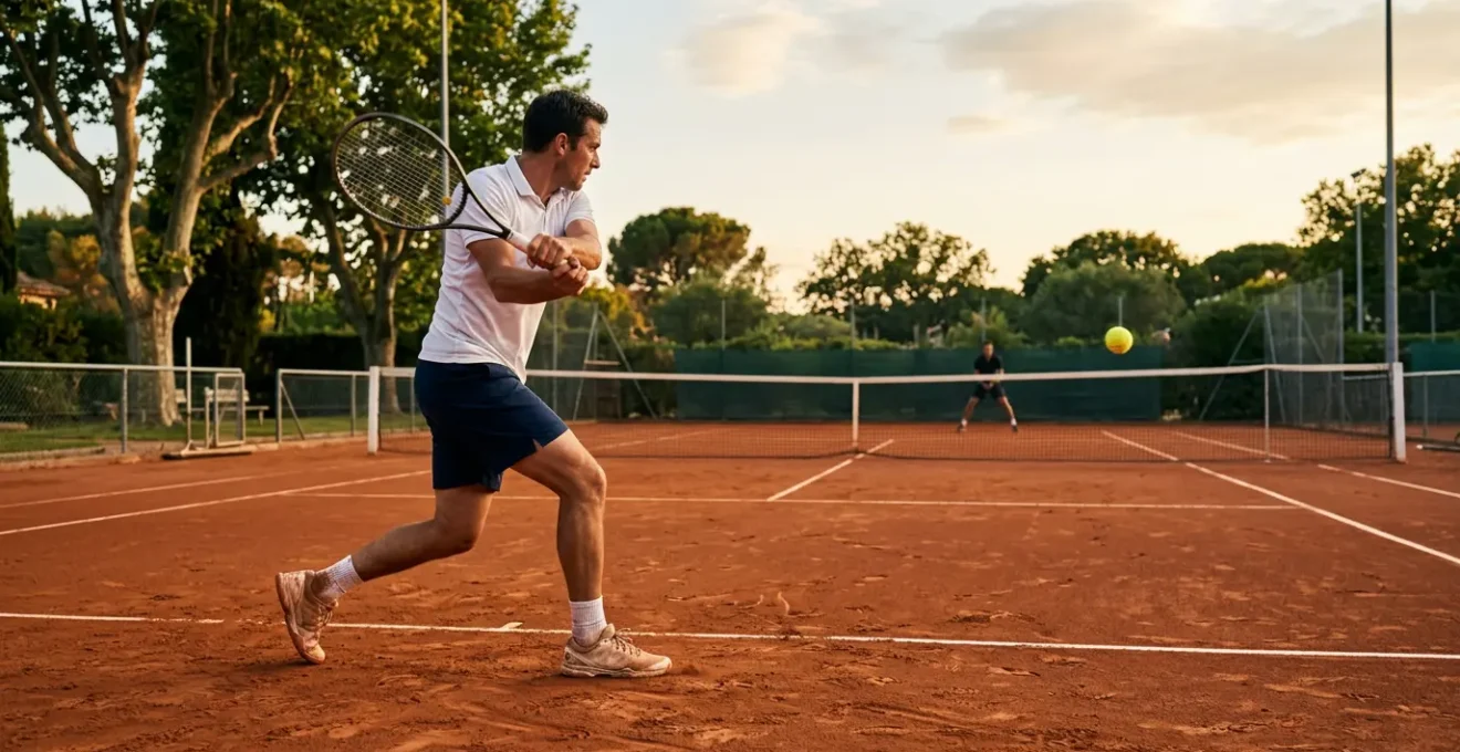 Joueur de tennis en pleine action tactique sur terre battue en France